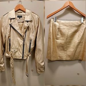Faux Gold Leather Biker Jacket and Skirt size small